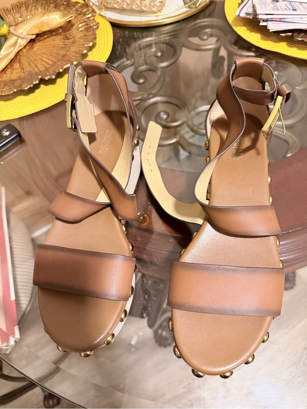 Michael Kors Tan Brown Leather Studded Ankle-Strap Sandals